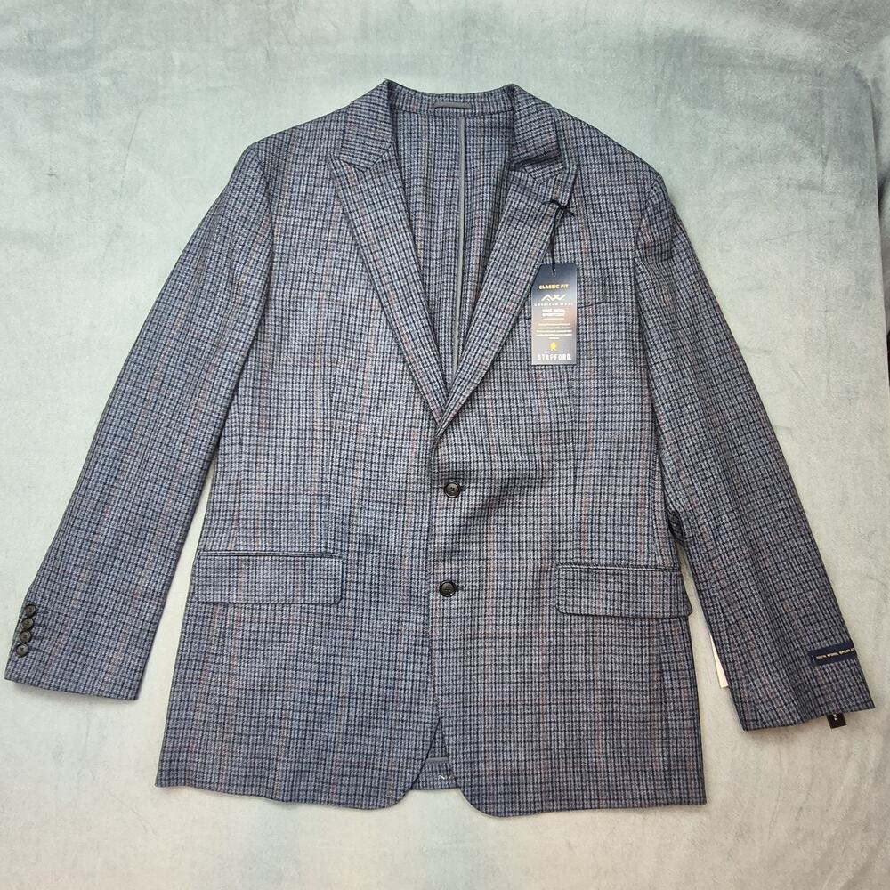 Stafford 100% Wool Classic Preppy Gray Multi Color Sport Coat Blazer Mens 46L
